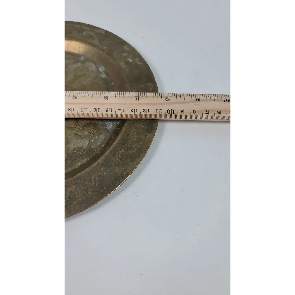 Vintage Brass Etched Engraved Decorative Plate 7.75 Inch Gold Tone Antique Flora